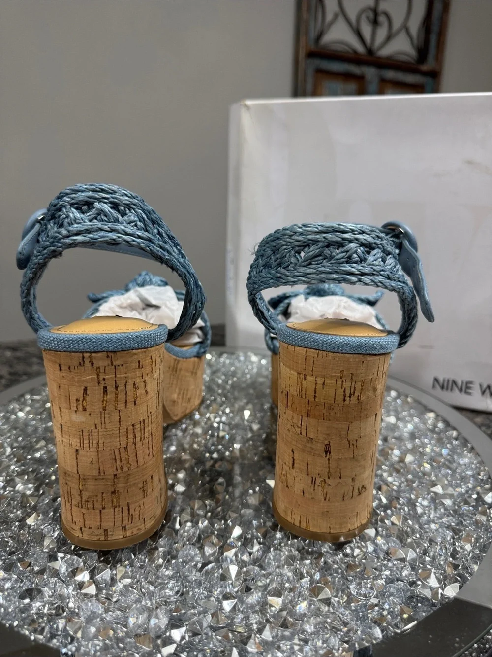 Nine West Comiele Light Blue Braided Cork Platform Sandals NEW 8.5